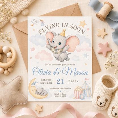 Flying Elephant Baby Shower Invitation Template (Digital Download) __etsy:8030044141