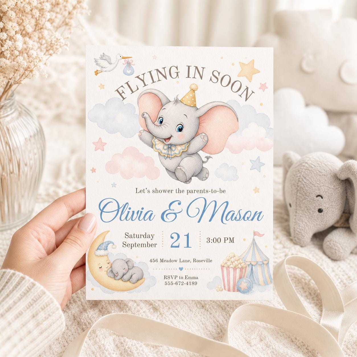 Flying Elephant Baby Shower Invitation Template (Digital Download) __etsy:7982097900