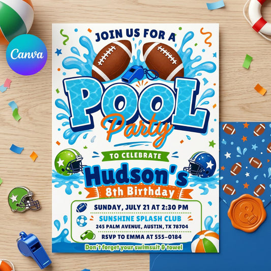 Football Pool Party Invitation, Pool Birthday Invitation, Football Invitation, Summer Birthday, Splash Theme Sports Invite, Editable Canva __etsy:7987984980