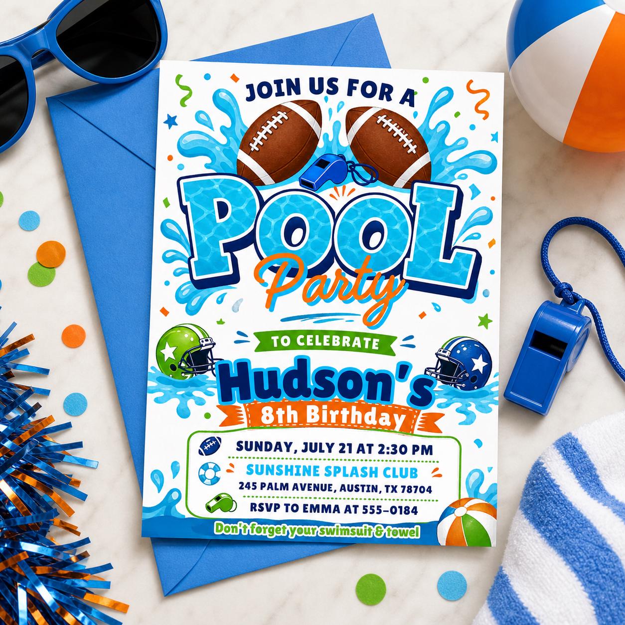 Football Pool Party Invitation, Pool Birthday Invitation, Football Invitation, Summer Birthday, Splash Theme Sports Invite, Editable Canva __etsy:7987874914