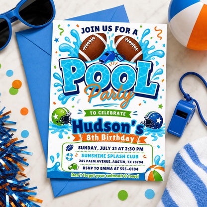 Football Pool Party Invitation, Pool Birthday Invitation, Football Invitation, Summer Birthday, Splash Theme Sports Invite, Editable Canva __etsy:7987874914