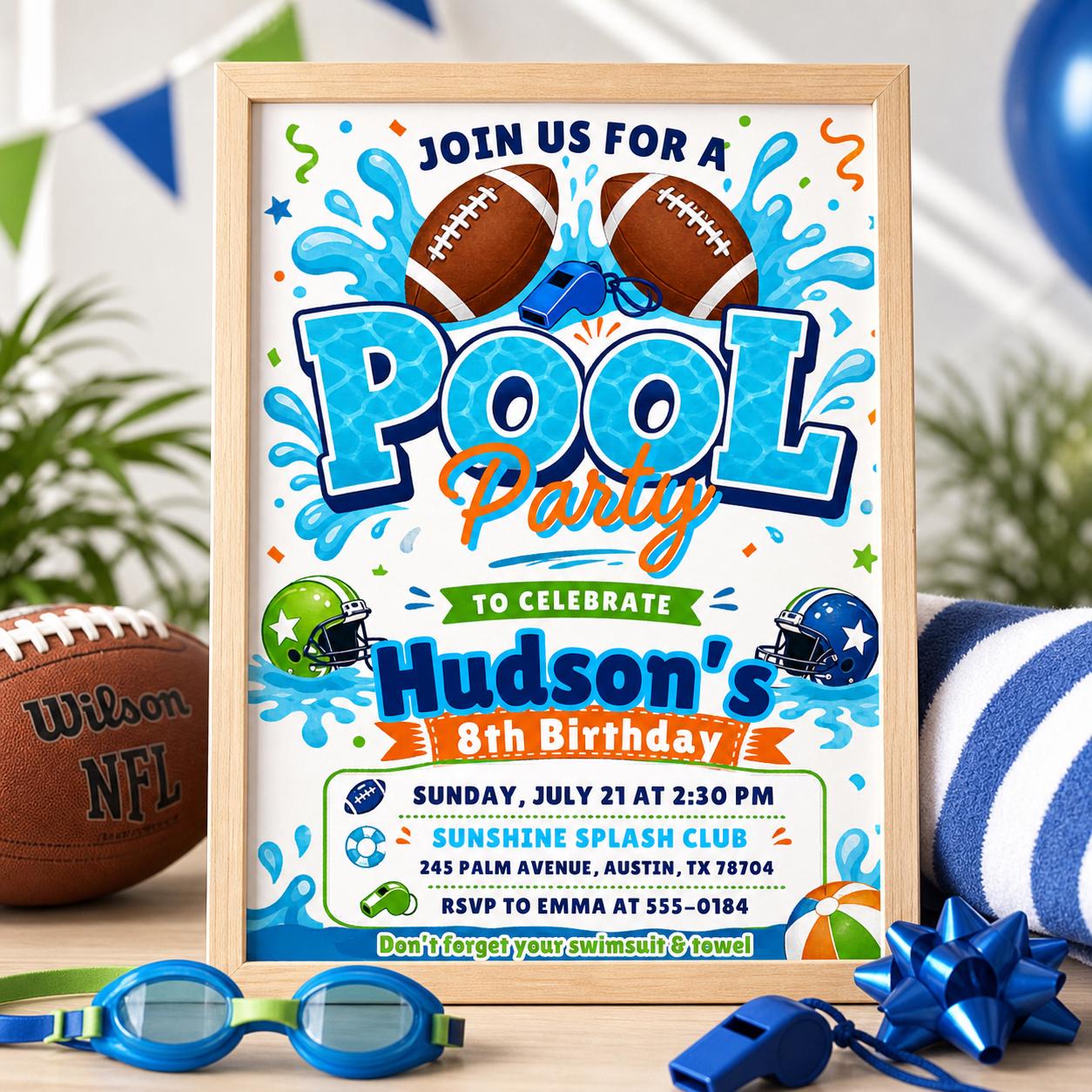 Football Pool Party Invitation, Pool Birthday Invitation, Football Invitation, Summer Birthday, Splash Theme Sports Invite, Editable Canva __etsy:7987874884