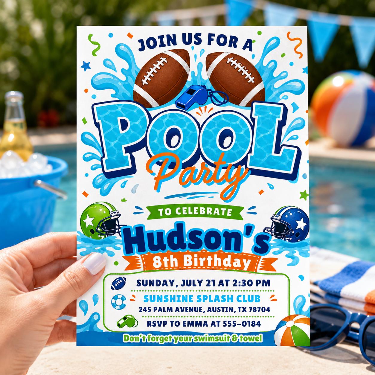 Football Pool Party Invitation, Pool Birthday Invitation, Football Invitation, Summer Birthday, Splash Theme Sports Invite, Editable Canva __etsy:7987874896