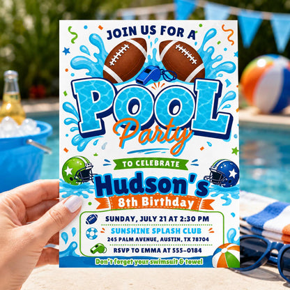 Football Pool Party Invitation, Pool Birthday Invitation, Football Invitation, Summer Birthday, Splash Theme Sports Invite, Editable Canva __etsy:7987874896
