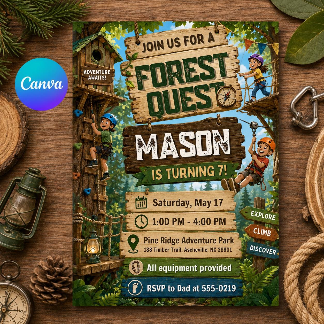 Forest Quest Birthday Invitation, Editable Adventure Park Party Invite, Boy 7th Birthday Camping Outdoor Template, Printable Download __etsy:8129986244