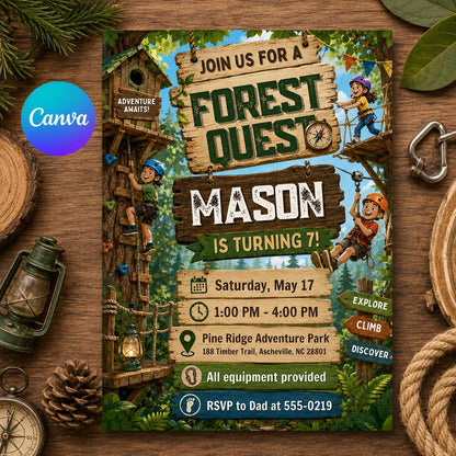Forest Quest Birthday Invitation, Editable Adventure Park Party Invite, Boy 7th Birthday Camping Outdoor Template, Printable Download __etsy:8129986244
