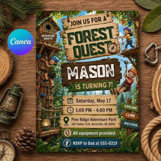 Forest Quest Birthday Invitation, Editable Adventure Park Party Invite, Boy 7th Birthday Camping Outdoor Template, Printable Download __etsy:8129986244