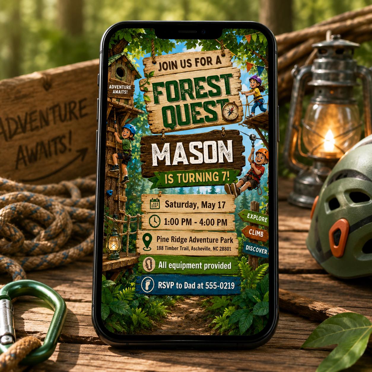 Forest Quest Birthday Invitation, Editable Adventure Park Party Invite, Boy 7th Birthday Camping Outdoor Template, Printable Download __etsy:8129986342