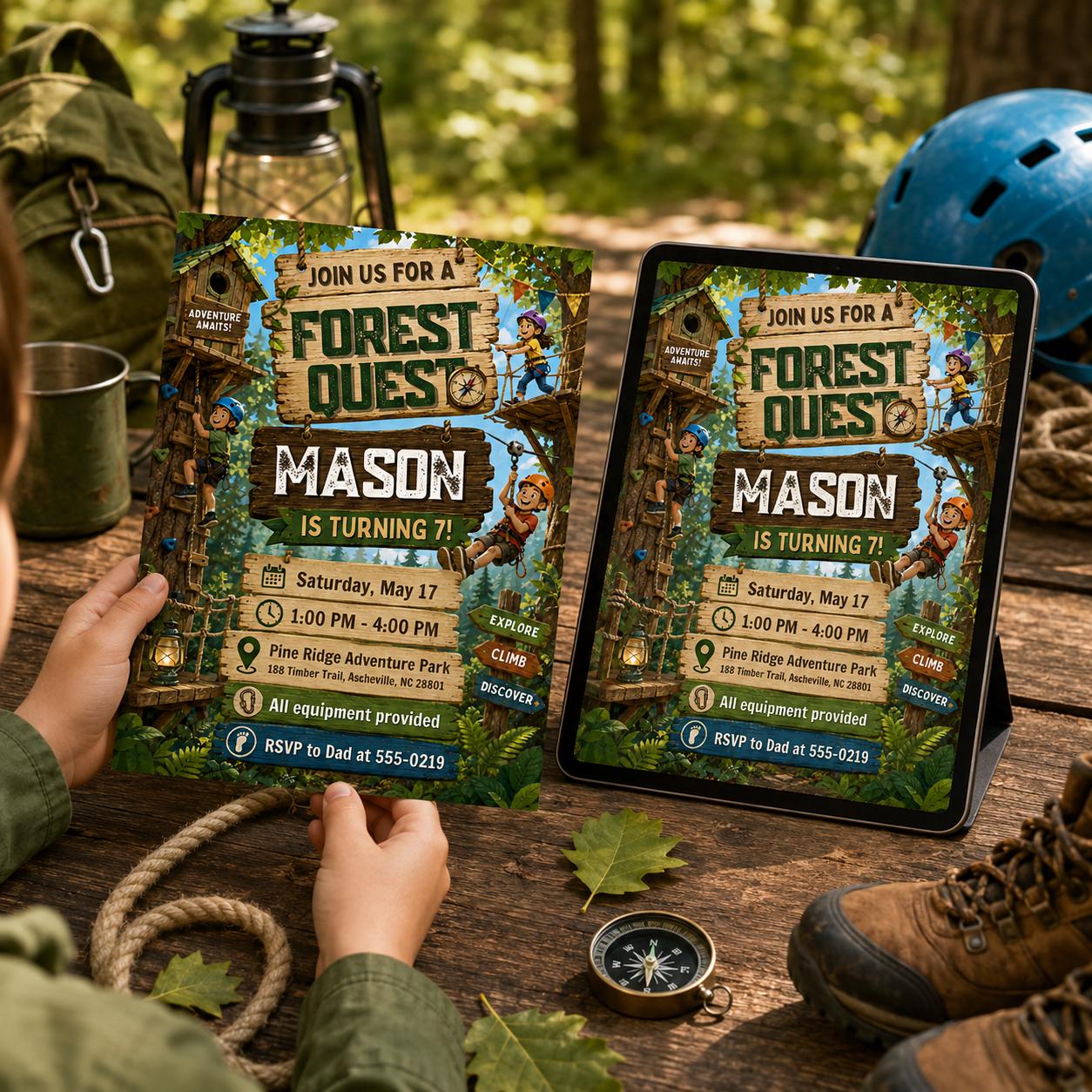 Forest Quest Birthday Invitation, Editable Adventure Park Party Invite, Boy 7th Birthday Camping Outdoor Template, Printable Download __etsy:8177884569