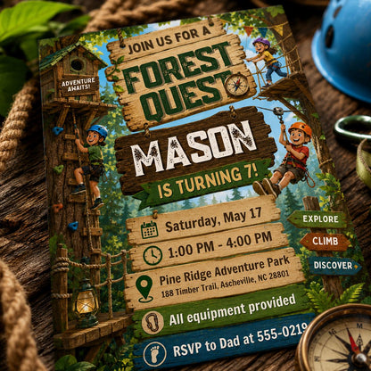 Forest Quest Birthday Invitation, Editable Adventure Park Party Invite, Boy 7th Birthday Camping Outdoor Template, Printable Download __etsy:8129986352