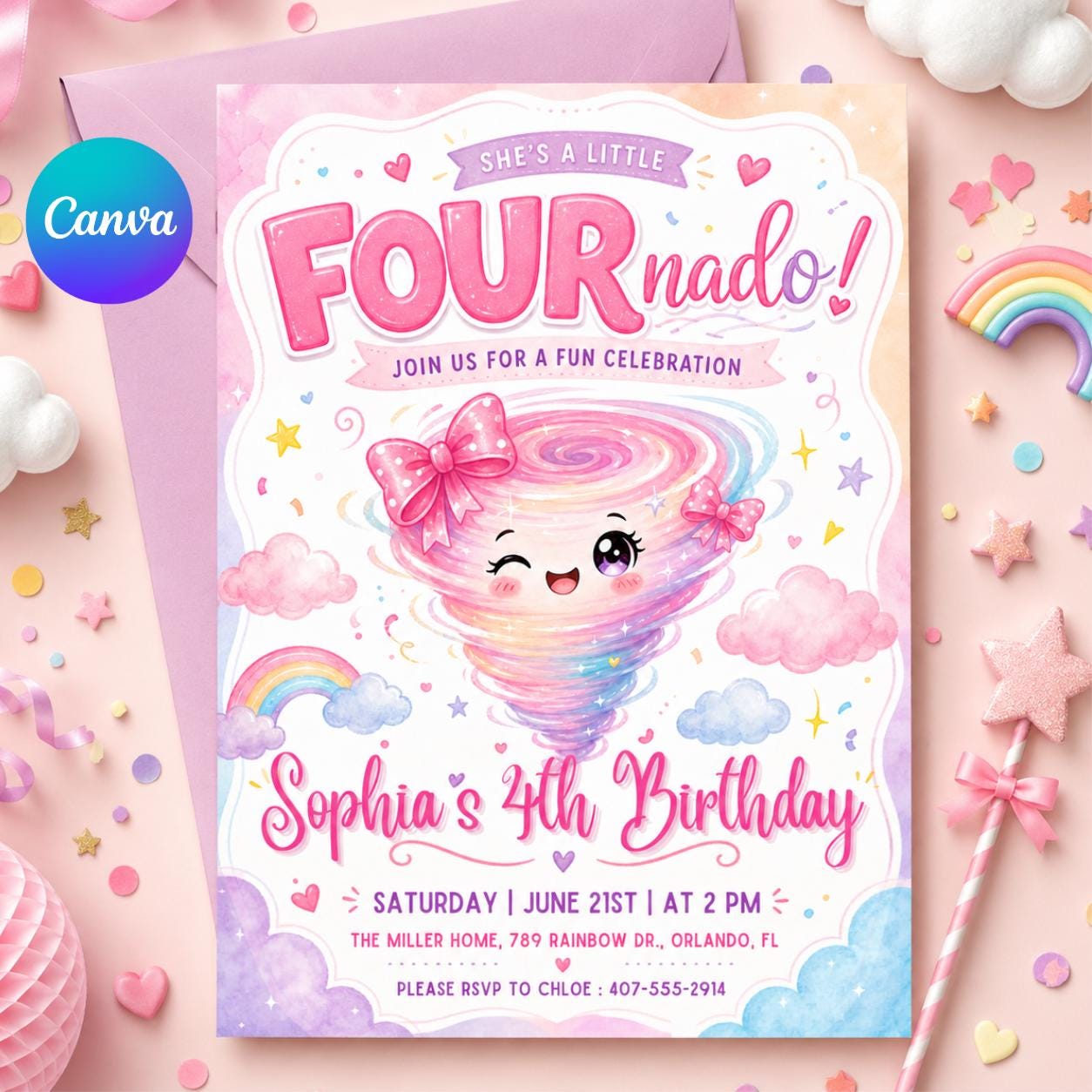FourNado 4th Birthday Invitation: Editable Fourth Tornado Party Invite (Digital Download) __etsy:8039652337