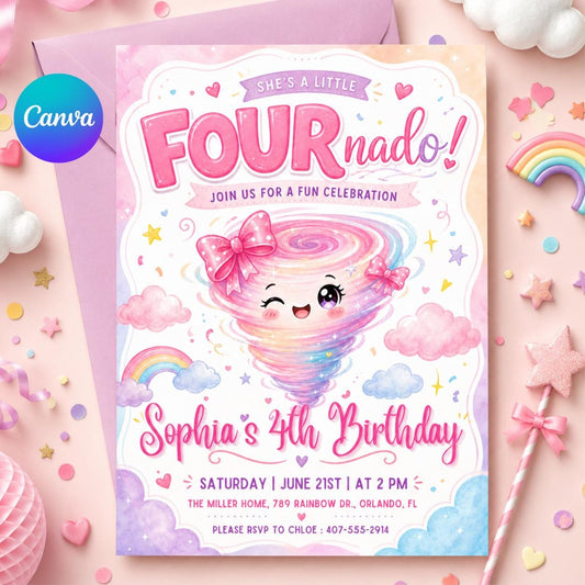FourNado 4th Birthday Invitation: Editable Fourth Tornado Party Invite (Digital Download) __etsy:8039652337