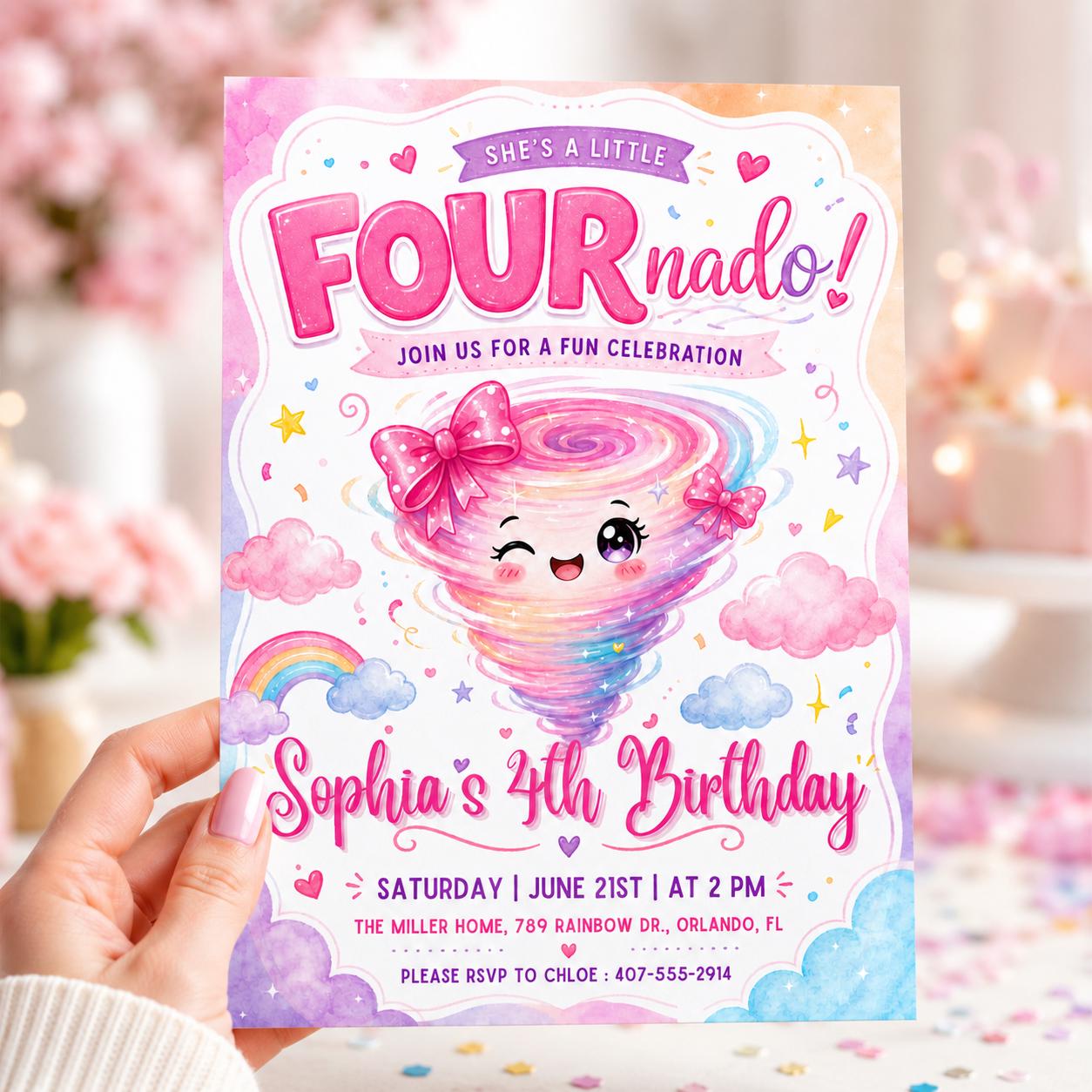 FourNado 4th Birthday Invitation: Editable Fourth Tornado Party Invite (Digital Download) __etsy:7991714794