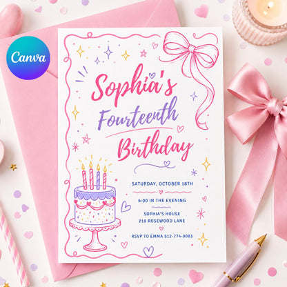 Fourteen Invitation, Fourteen 14th Birthday Pool Party Invitation, Summer Fun Vibe, Pastel Invite, Fancy Girl Party, Editable Canva Template __etsy:8000854998
