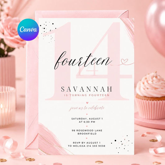 Fourteen Invitation, Fourteen 14th Birthday Pool Party Invitation, Summer Fun Vibe, Pastel Invite, Fancy Girl Party, Editable Canva Template __etsy:8037482984
