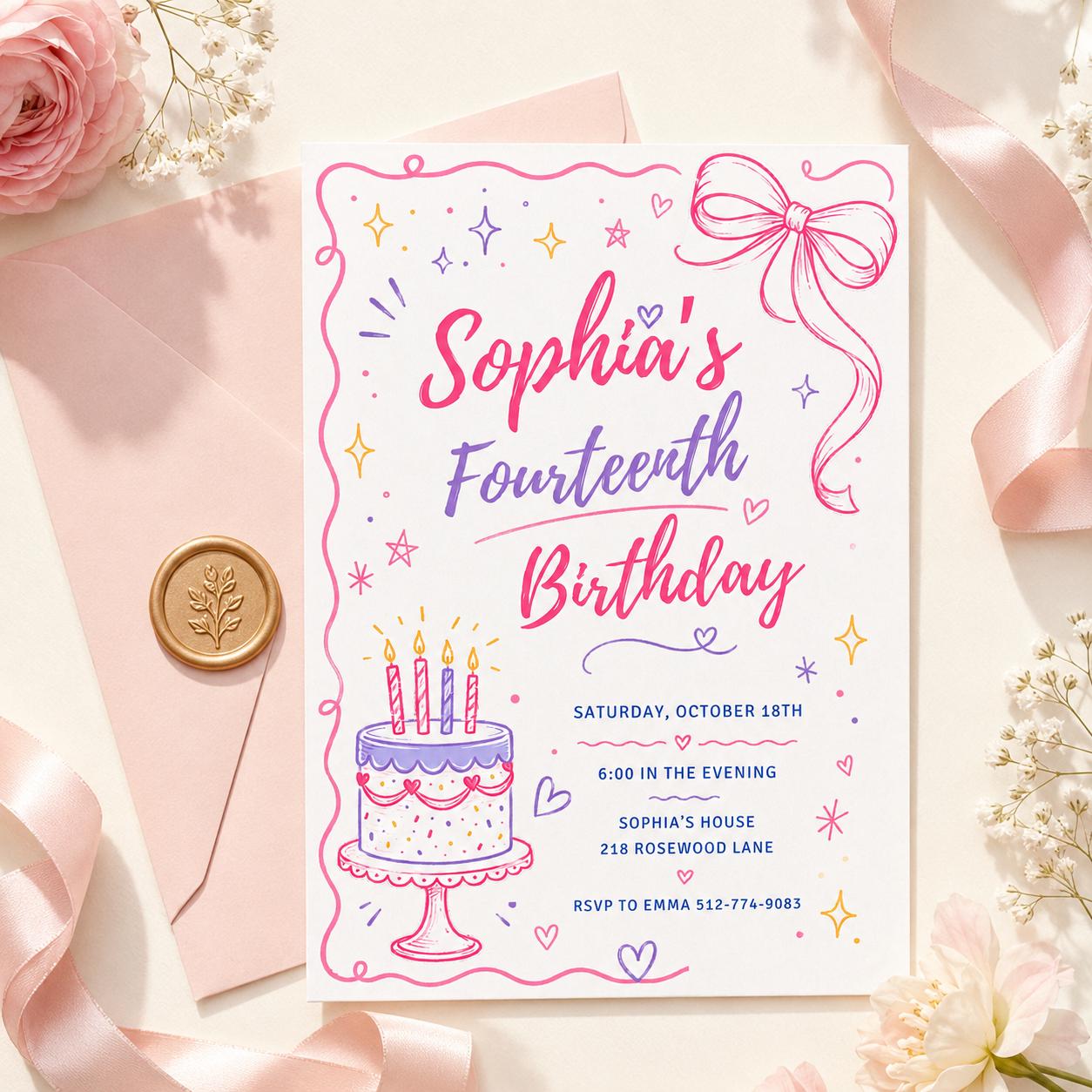 Fourteen Invitation, Fourteen 14th Birthday Pool Party Invitation, Summer Fun Vibe, Pastel Invite, Fancy Girl Party, Editable Canva Template __etsy:8047187289