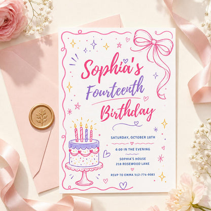 Fourteen Invitation, Fourteen 14th Birthday Pool Party Invitation, Summer Fun Vibe, Pastel Invite, Fancy Girl Party, Editable Canva Template __etsy:8047187289