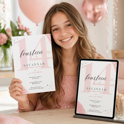 Fourteen Invitation, Fourteen 14th Birthday Pool Party Invitation, Summer Fun Vibe, Pastel Invite, Fancy Girl Party, Editable Canva Template __etsy:8037483390