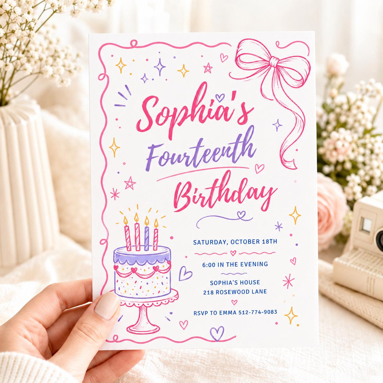 Fourteen Invitation, Fourteen 14th Birthday Pool Party Invitation, Summer Fun Vibe, Pastel Invite, Fancy Girl Party, Editable Canva Template __etsy:7999254500