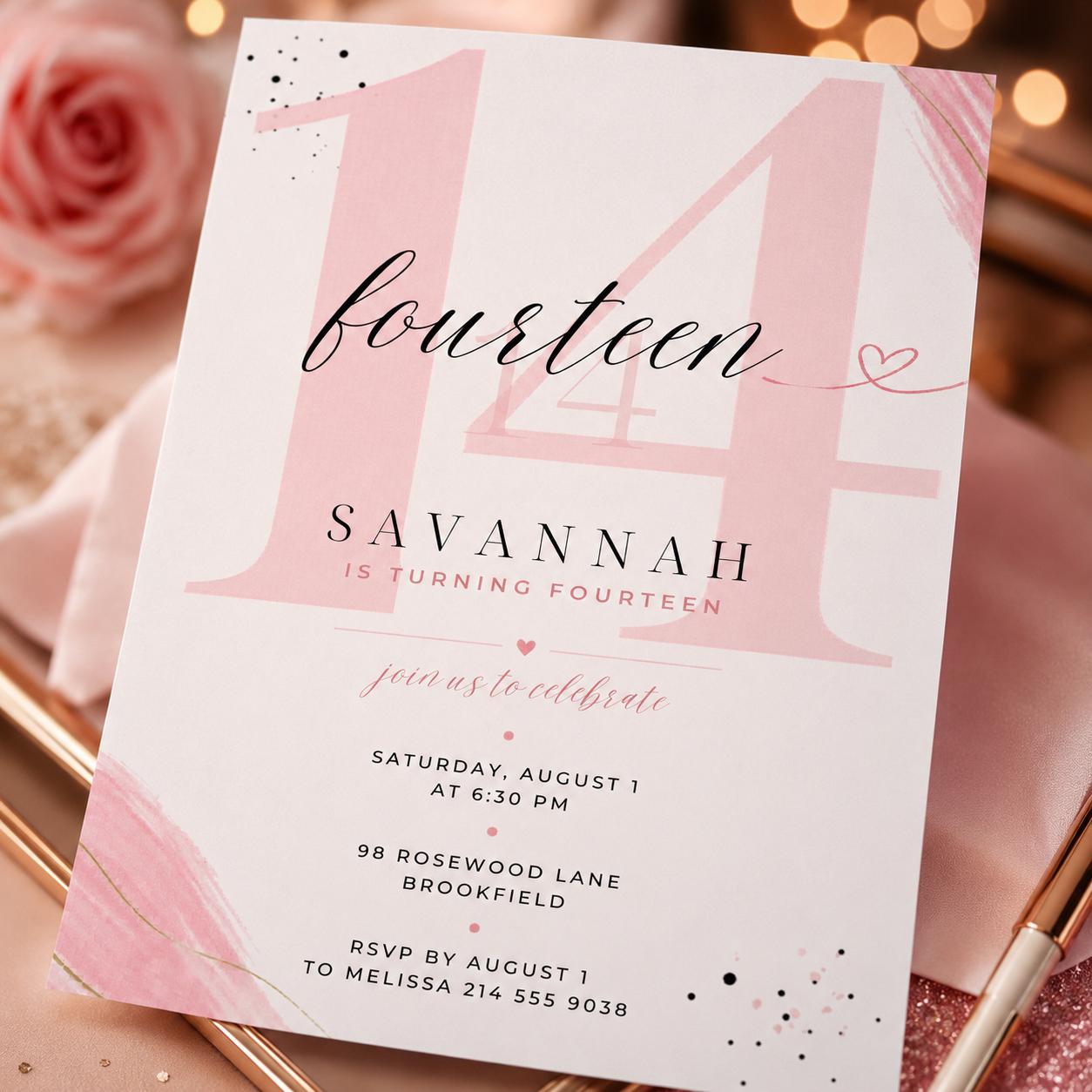 Fourteen Invitation, Fourteen 14th Birthday Pool Party Invitation, Summer Fun Vibe, Pastel Invite, Fancy Girl Party, Editable Canva Template __etsy:8037483380