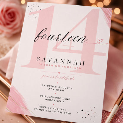 Fourteen Invitation, Fourteen 14th Birthday Pool Party Invitation, Summer Fun Vibe, Pastel Invite, Fancy Girl Party, Editable Canva Template __etsy:8037483380