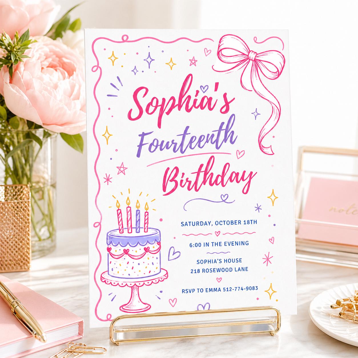 Fourteen Invitation, Fourteen 14th Birthday Pool Party Invitation, Summer Fun Vibe, Pastel Invite, Fancy Girl Party, Editable Canva Template __etsy:7999254478