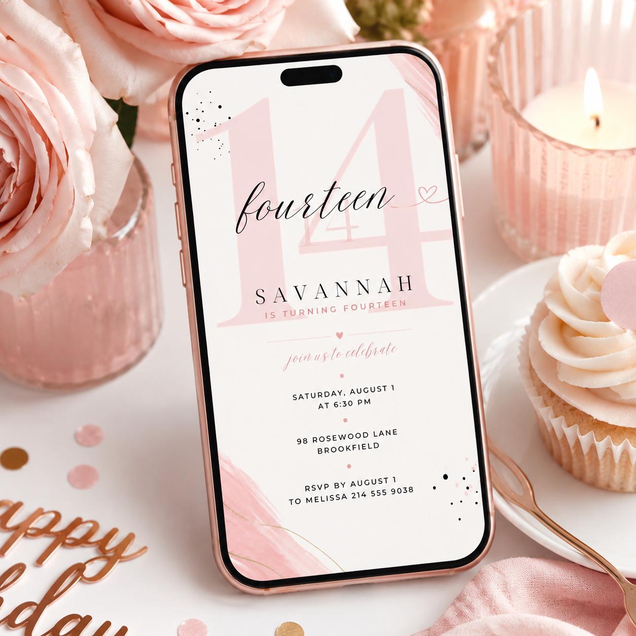Fourteen Invitation, Fourteen 14th Birthday Pool Party Invitation, Summer Fun Vibe, Pastel Invite, Fancy Girl Party, Editable Canva Template __etsy:8037483424