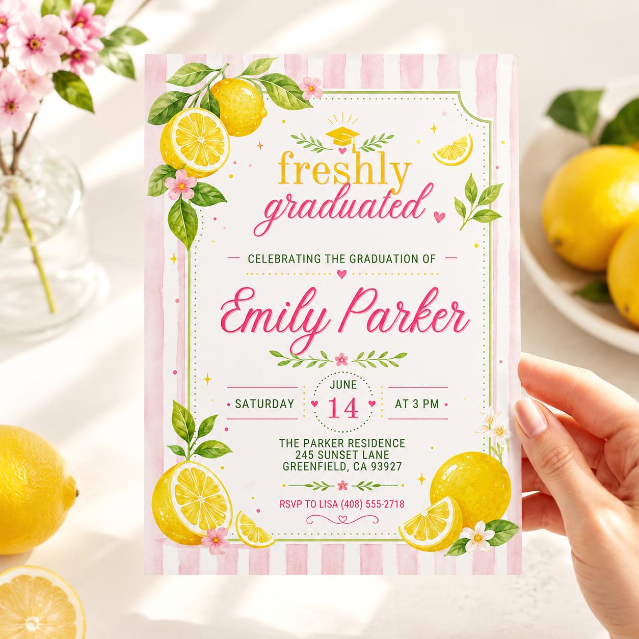 Freshly Graduated Graduation Invitation 2026 - Custom Lemon High School Grad Announcement & Party Invite, Editable Canva Template __etsy:8050380473