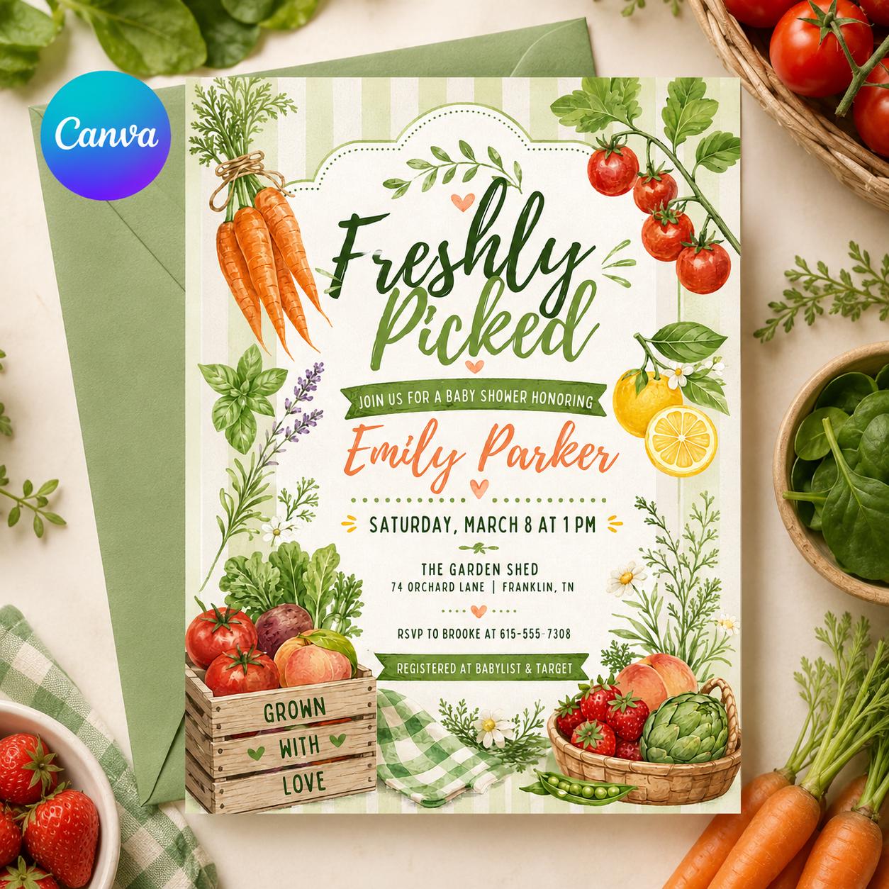 Freshly Picked Baby Shower Invitation Template, Garden Baby Shower Invite, Editable Canva Template, Locally Grown Baby Shower Invitation __etsy:8038653056