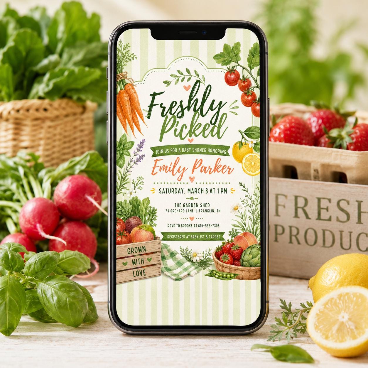 Freshly Picked Baby Shower Invitation Template, Garden Baby Shower Invite, Editable Canva Template, Locally Grown Baby Shower Invitation __etsy:8086564871