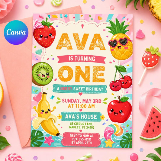 Fruit First Birthday Invitation, Editable Dancing Fruit, Kids Birthday Party, Hey Bear Sensory Invitation, Hey Bear Birthday, Canva Template __etsy:8009015774
