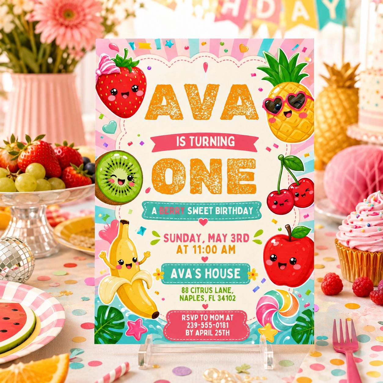 Fruit First Birthday Invitation, Editable Dancing Fruit, Kids Birthday Party, Hey Bear Sensory Invitation, Hey Bear Birthday, Canva Template __etsy:8056932505