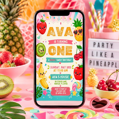 Fruit First Birthday Invitation, Editable Dancing Fruit, Kids Birthday Party, Hey Bear Sensory Invitation, Hey Bear Birthday, Canva Template __etsy:8056932487
