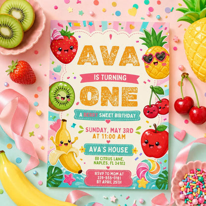 Fruit First Birthday Invitation, Editable Dancing Fruit, Kids Birthday Party, Hey Bear Sensory Invitation, Hey Bear Birthday, Canva Template __etsy:8056932609