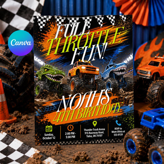 Full Throttle Fun Birthday Invitation, Editable Monster Truck Party Invite, Boy 4th Birthday Racing Theme Template, Printable Download __etsy:8129921366