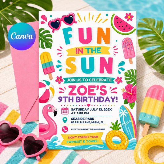 Fun in the Sun Birthday Invitation, Beach Theme Kids Party Invite, Fun in the Sun Boy Pool Party I, One In The Sun, Editable Canva Template __etsy:8032480370