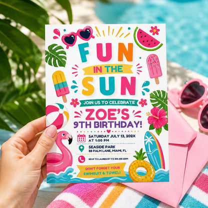 Fun in the Sun Birthday Invitation, Beach Theme Kids Party Invite, Fun in the Sun Boy Pool Party I, One In The Sun, Editable Canva Template __etsy:8032480362