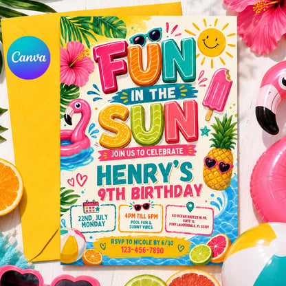 Fun in the Sun Birthday Invitation Template, Splish Splash Summer Swim, Beach Theme Kids Party Invite, Pool Party Invitation, Canva Template __etsy:8075093379