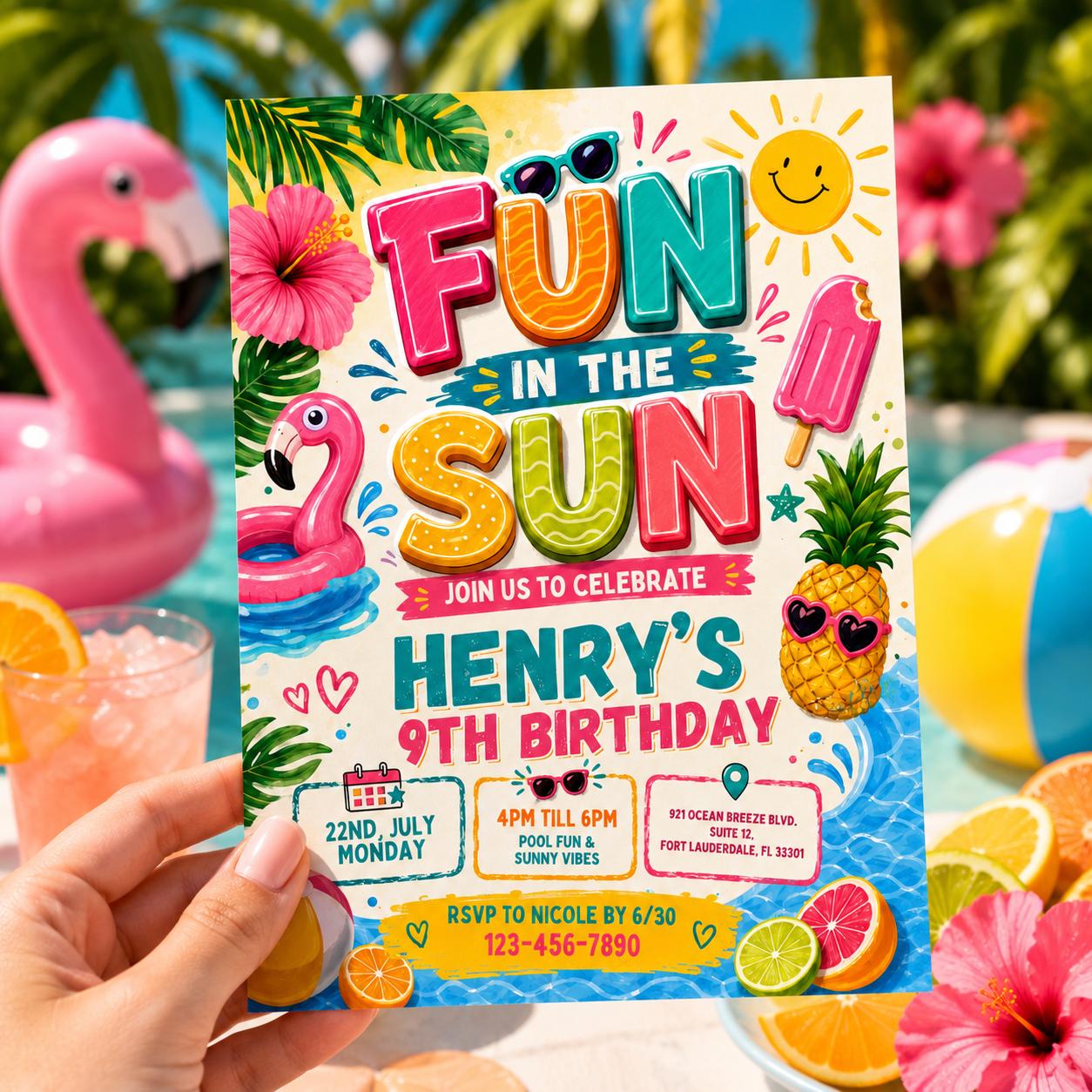 Fun in the Sun Birthday Invitation Template, Splish Splash Summer Swim, Beach Theme Kids Party Invite, Pool Party Invitation, Canva Template __etsy:8027176958