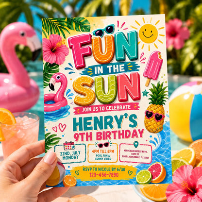 Fun in the Sun Birthday Invitation Template, Splish Splash Summer Swim, Beach Theme Kids Party Invite, Pool Party Invitation, Canva Template __etsy:8027176958