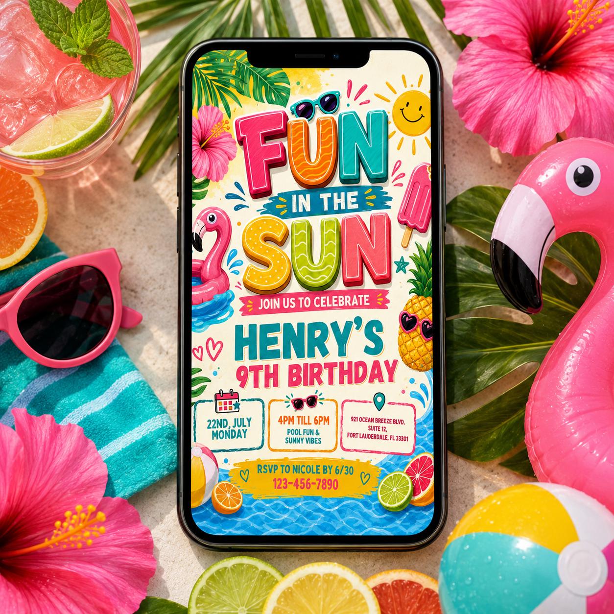 Fun in the Sun Birthday Invitation Template, Splish Splash Summer Swim, Beach Theme Kids Party Invite, Pool Party Invitation, Canva Template __etsy:8027176972