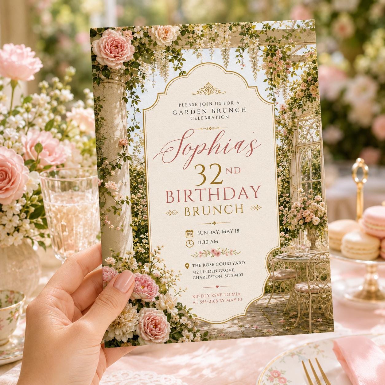 Garden Brunch Birthday Invitation, Editable Floral Birthday Brunch Invite, Women 32nd Birthday Elegant Template, Printable Download __etsy:8177820757