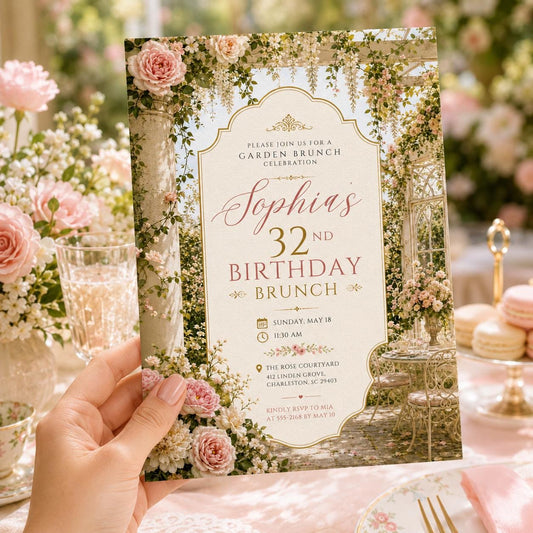 Garden Brunch Birthday Invitation, Editable Floral Birthday Brunch Invite, Women 32nd Birthday Elegant Template, Printable Download __etsy:8177820757