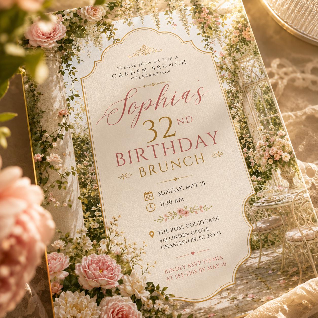 Garden Brunch Birthday Invitation, Editable Floral Birthday Brunch Invite, Women 32nd Birthday Elegant Template, Printable Download __etsy:8129922756