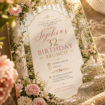 Garden Brunch Birthday Invitation, Editable Floral Birthday Brunch Invite, Women 32nd Birthday Elegant Template, Printable Download __etsy:8129922756