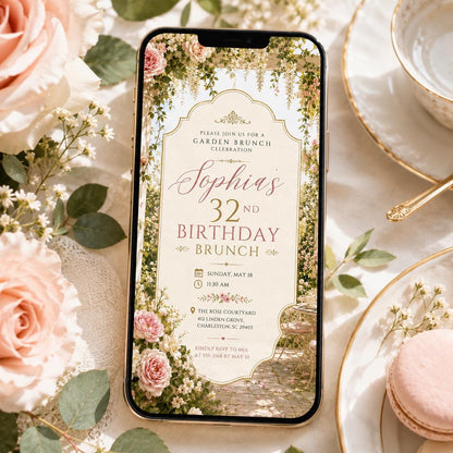 Garden Brunch Birthday Invitation, Editable Floral Birthday Brunch Invite, Women 32nd Birthday Elegant Template, Printable Download __etsy:8177820743