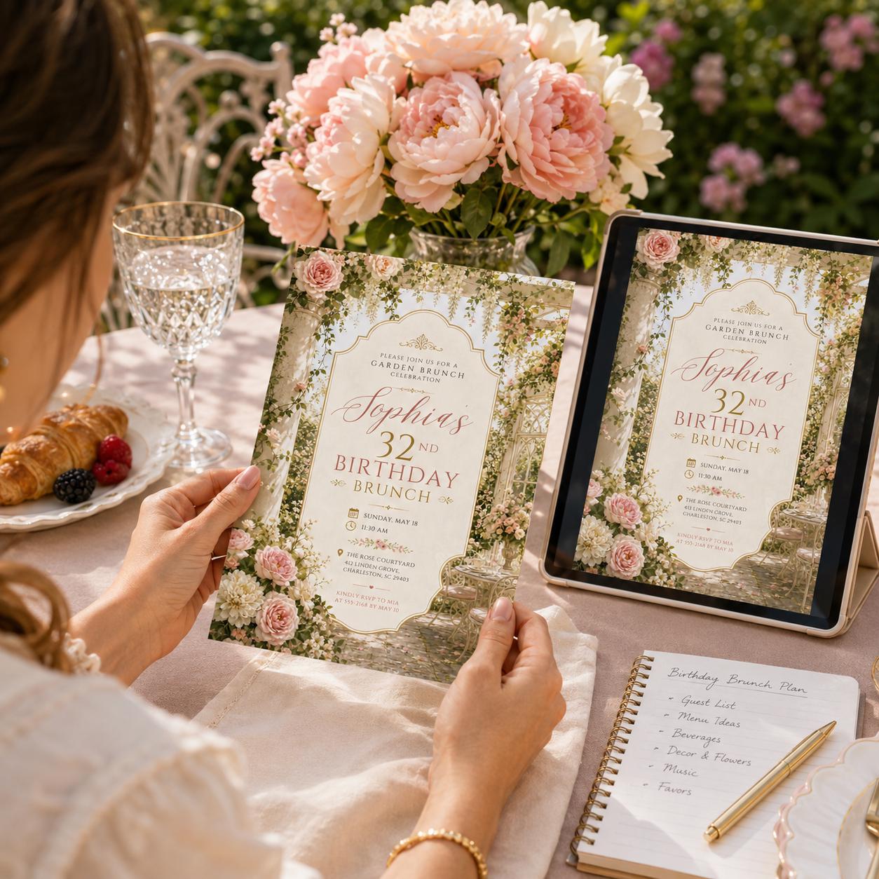 Garden Brunch Birthday Invitation, Editable Floral Birthday Brunch Invite, Women 32nd Birthday Elegant Template, Printable Download __etsy:8177820747