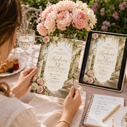 Garden Brunch Birthday Invitation, Editable Floral Birthday Brunch Invite, Women 32nd Birthday Elegant Template, Printable Download __etsy:8177820747