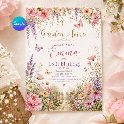 Garden Soiree Birthday Invitation, Editable Floral Garden Party Invite, Girl 18th Birthday Pastel Template Garden Soiree Invitation Template __etsy:8177597989