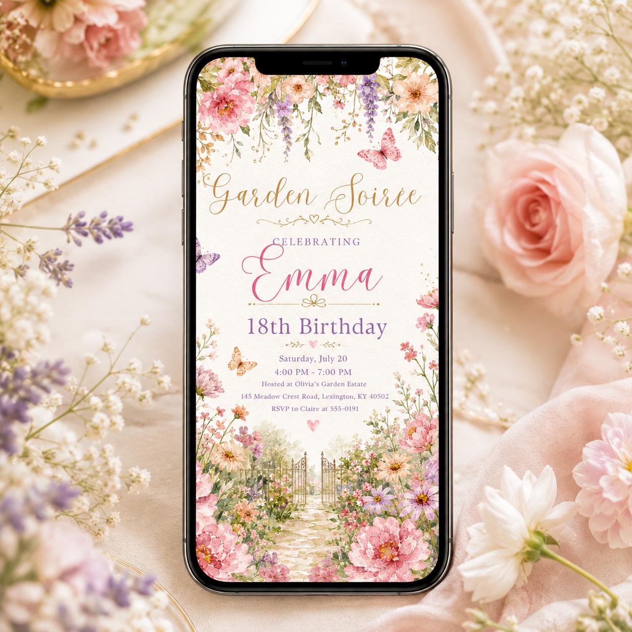 Garden Soiree Birthday Invitation, Editable Floral Garden Party Invite, Girl 18th Birthday Pastel Template Garden Soiree Invitation Template __etsy:8177597979